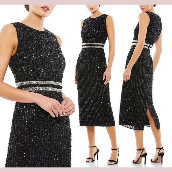 mac duggal sleeveless high neck beaded midi sheath dress Mac Duggal 93767 Sleeveless Formal Midi Dress Sale  The Dress Outlet